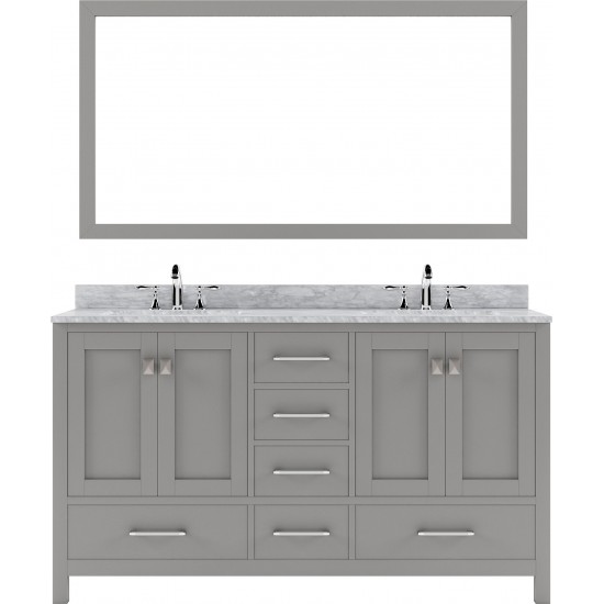 Caroline Avenue 60" Double Vanity in Cashmere Gray with White Marble Top and Round Sinks with Brushed Nickel Faucets and Mirr