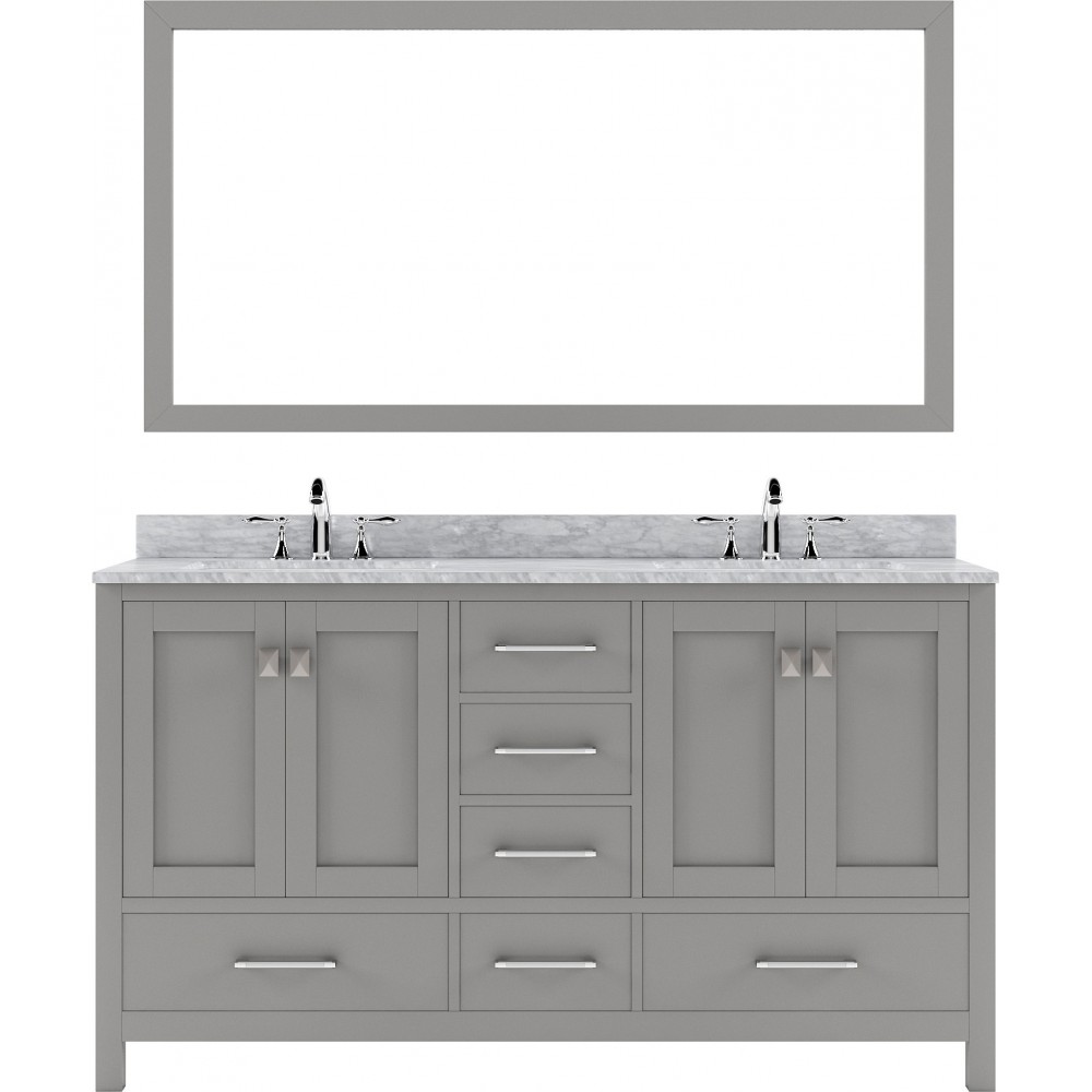 Caroline Avenue 60" Double Vanity in Cashmere Gray with White Marble Top and Round Sinks with Brushed Nickel Faucets and Mirr