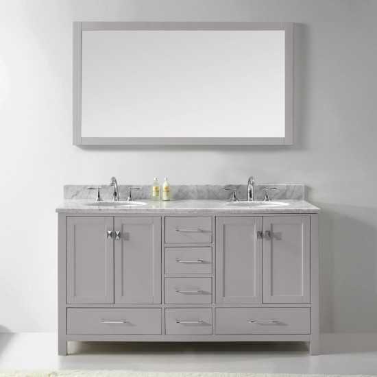 Caroline Avenue 60" Double Vanity in Cashmere Gray with White Marble Top and Round Sinks with Brushed Nickel Faucets and Mirr