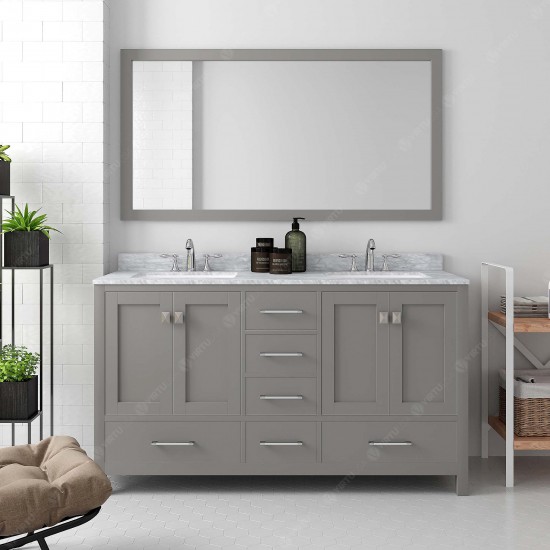 Caroline Avenue 60" Double Vanity in Cashmere Gray with White Marble Top and Round Sinks with Brushed Nickel Faucets and Mirr