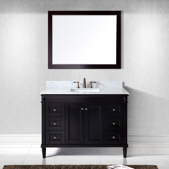 Tiffany 48" Single Bath Vanity in Espresso with White Marble Top and Square Sink with Brushed Nickel Faucet and Matching Mirr