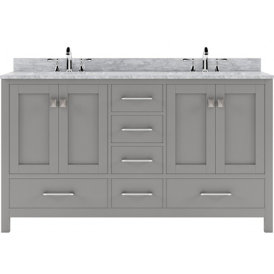 Caroline Avenue 60" Double Bath Vanity in Cashmere Gray with White Marble Top and Round Sinks with Brushed Nickel Faucets