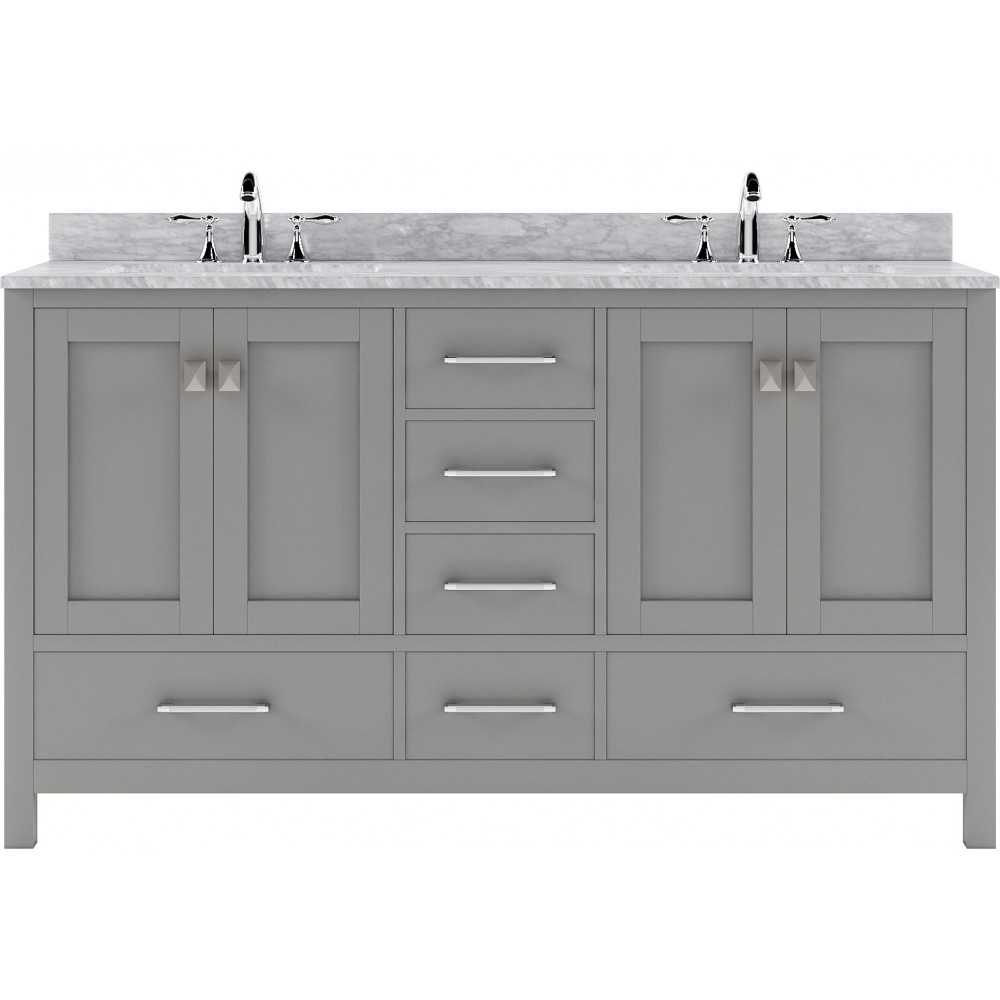 Caroline Avenue 60" Double Bath Vanity in Cashmere Gray with White Marble Top and Round Sinks with Brushed Nickel Faucets