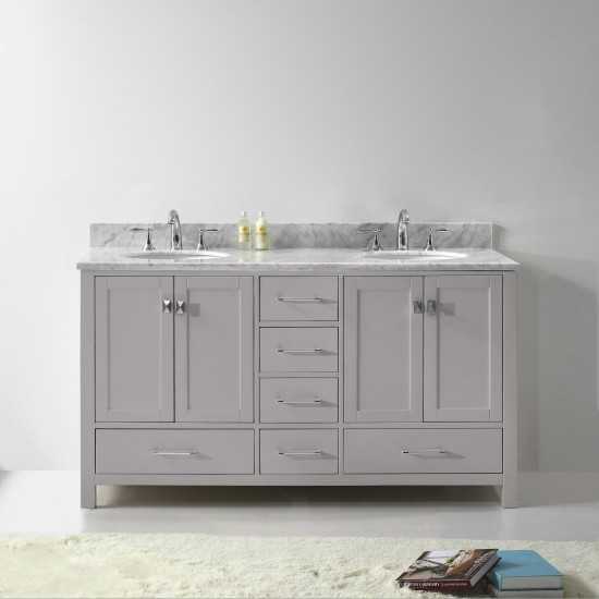 Caroline Avenue 60" Double Bath Vanity in Cashmere Gray with White Marble Top and Round Sinks with Brushed Nickel Faucets