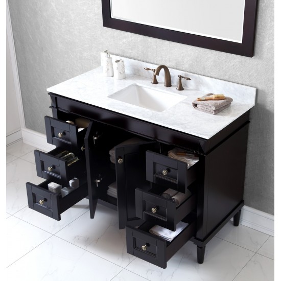 Tiffany 48" Single Bath Vanity in Espresso with White Marble Top and Square Sink with Brushed Nickel Faucet and Matching Mirr