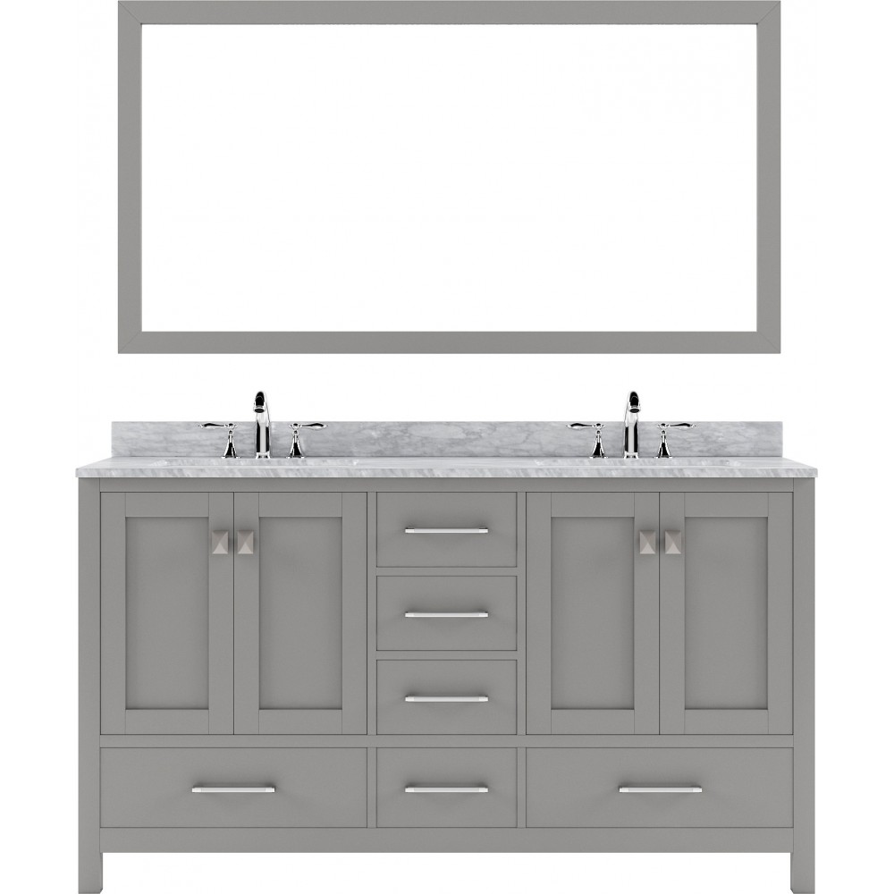 Caroline Avenue 60" Double Vanity in Cashmere Gray with White Marble Top and Round Sinks with Polished Chrome Faucets and Mir