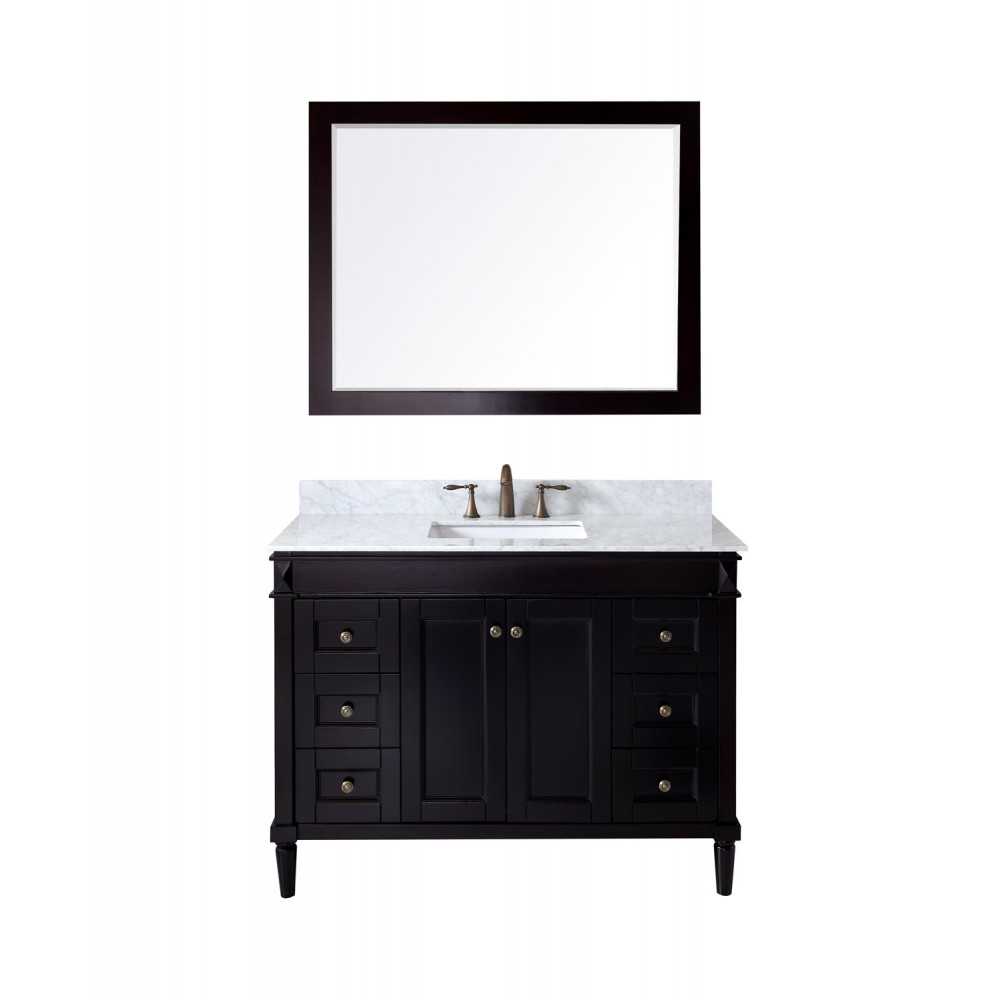 Tiffany 48" Single Bath Vanity in Espresso with White Marble Top and Square Sink with Polished Chrome Faucet and Matching Mir