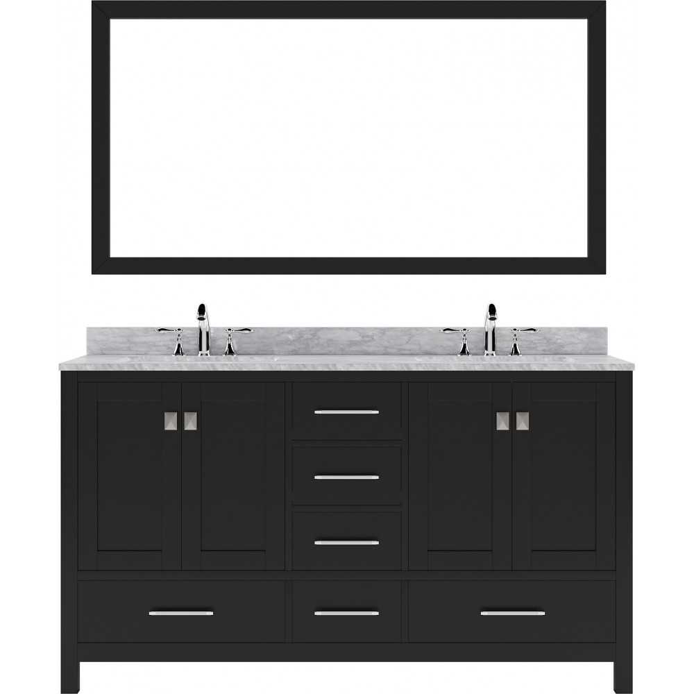 Caroline Avenue 60" Double Bath Vanity in Espresso with White Marble Top and Round Sinks and Matching Mirror
