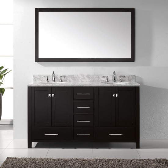 Caroline Avenue 60" Double Bath Vanity in Espresso with White Marble Top and Round Sinks and Matching Mirror