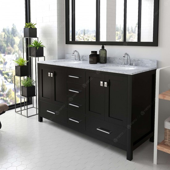 Caroline Avenue 60" Double Bath Vanity in Espresso with White Marble Top and Round Sinks and Matching Mirror