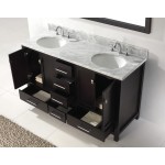 Caroline Avenue 60" Double Bath Vanity in Espresso with White Marble Top and Round Sinks and Matching Mirror