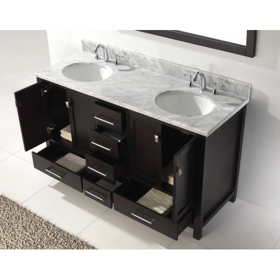 Caroline Avenue 60" Double Bath Vanity in Espresso with White Marble Top and Round Sinks and Matching Mirror
