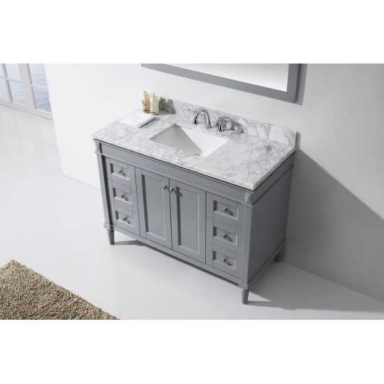 Tiffany 48" Single Bath Vanity in Gray with White Marble Top and Square Sink and Matching Mirror