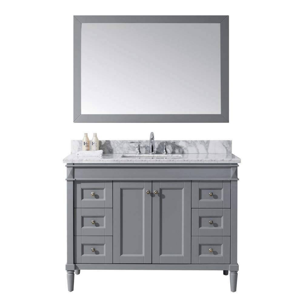 Tiffany 48" Single Bath Vanity in Gray with White Marble Top and Square Sink with Brushed Nickel Faucet and Matching Mirror