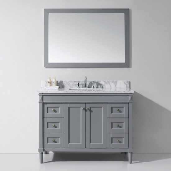 Tiffany 48" Single Bath Vanity in Gray with White Marble Top and Square Sink with Brushed Nickel Faucet and Matching Mirror