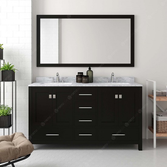 Caroline Avenue 60" Double Bath Vanity in Espresso with White Marble Top and Round Sinks with Brushed Nickel Faucets and Mirr