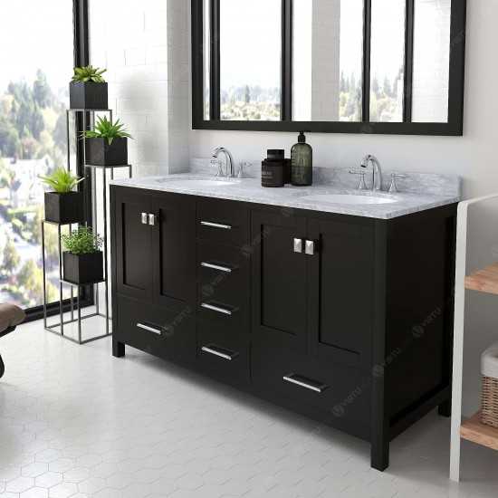 Caroline Avenue 60" Double Bath Vanity in Espresso with White Marble Top and Round Sinks with Brushed Nickel Faucets and Mirr