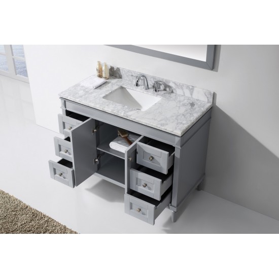 Tiffany 48" Single Bath Vanity in Gray with White Marble Top and Square Sink with Brushed Nickel Faucet and Matching Mirror