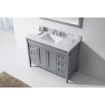 Tiffany 48" Single Bath Vanity in Gray with White Marble Top and Square Sink with Brushed Nickel Faucet and Matching Mirror