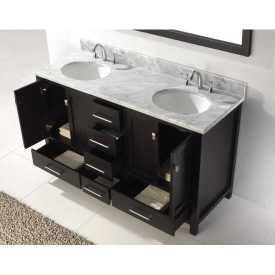 Caroline Avenue 60" Double Bath Vanity in Espresso with White Marble Top and Round Sinks with Brushed Nickel Faucets and Mirr