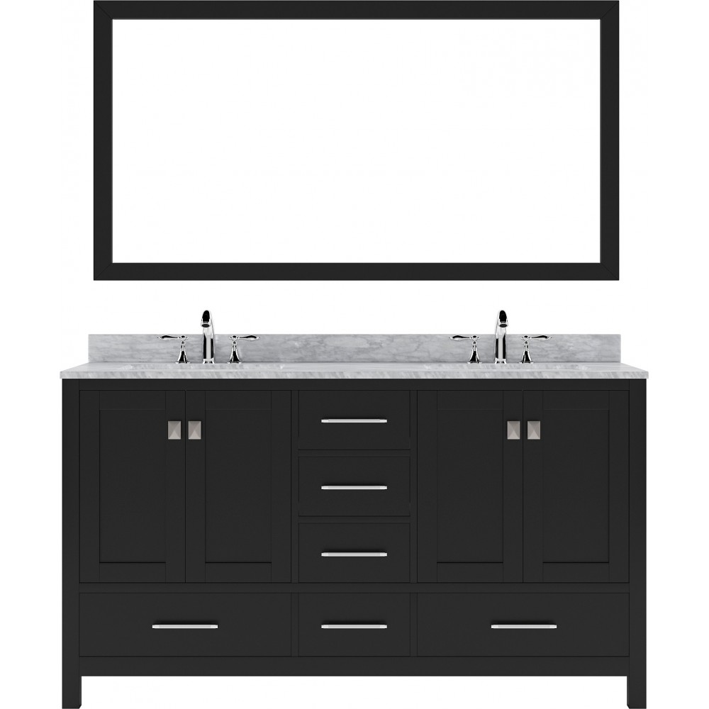 Caroline Avenue 60" Double Bath Vanity in Espresso with White Marble Top and Round Sinks with Polished Chrome Faucets and Mir