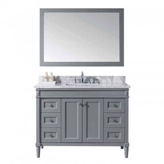 Tiffany 48" Single Bath Vanity in Gray with White Marble Top and Square Sink with Polished Chrome Faucet and Matching Mirror