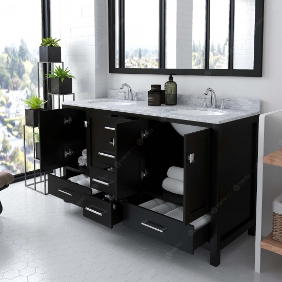 Caroline Avenue 60" Double Bath Vanity in Espresso with White Marble Top and Round Sinks with Polished Chrome Faucets and Mir
