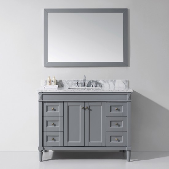 Tiffany 48" Single Bath Vanity in Gray with White Marble Top and Square Sink with Polished Chrome Faucet and Matching Mirror