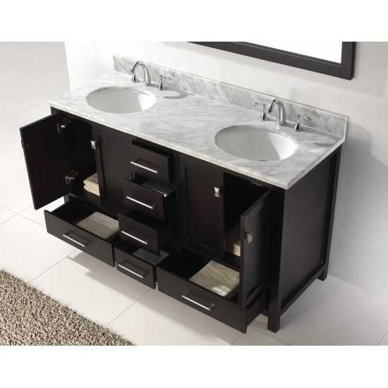Caroline Avenue 60" Double Bath Vanity in Espresso with White Marble Top and Round Sinks with Polished Chrome Faucets and Mir