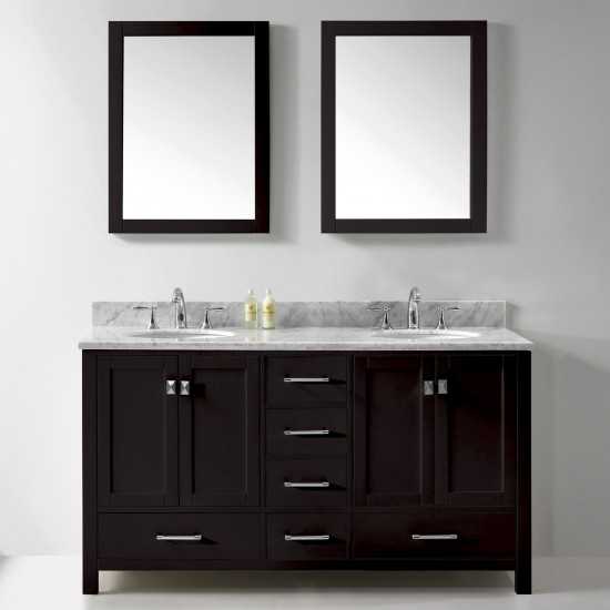 Caroline Avenue 60" Double Bath Vanity in Espresso with White Marble Top and Round Sinks and Matching Mirror