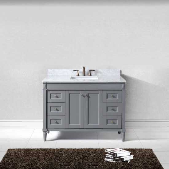 Tiffany 48" Single Bath Vanity in Gray with White Marble Top and Square Sink with Polished Chrome Faucet