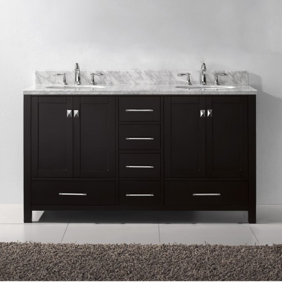 Caroline Avenue 60" Double Bath Vanity in Espresso with White Marble Top and Round Sinks