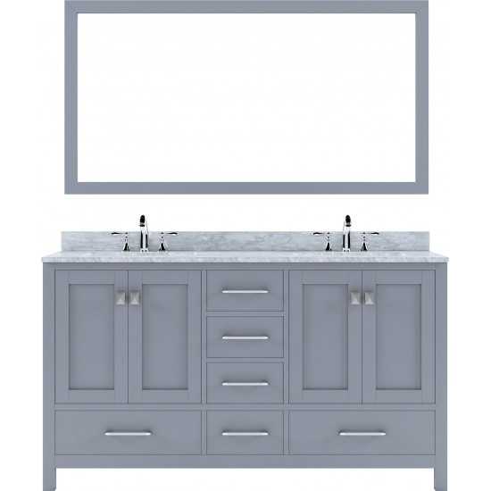 Caroline Avenue 60" Double Bath Vanity in Gray with White Marble Top and Round Sinks and Matching Mirror