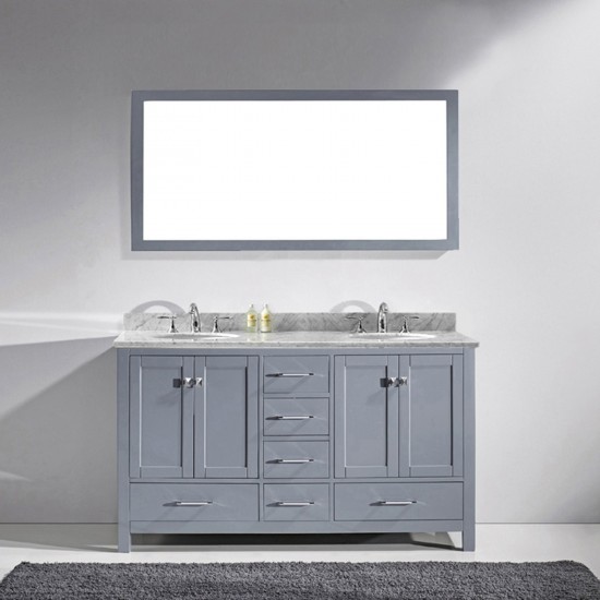 Caroline Avenue 60" Double Bath Vanity in Gray with White Marble Top and Round Sinks and Matching Mirror