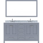 Caroline Avenue 60" Double Bath Vanity in Gray with White Marble Top and Round Sinks with Brushed Nickel Faucets and Mirror