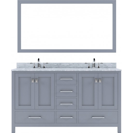 Caroline Avenue 60" Double Bath Vanity in Gray with White Marble Top and Round Sinks with Brushed Nickel Faucets and Mirror