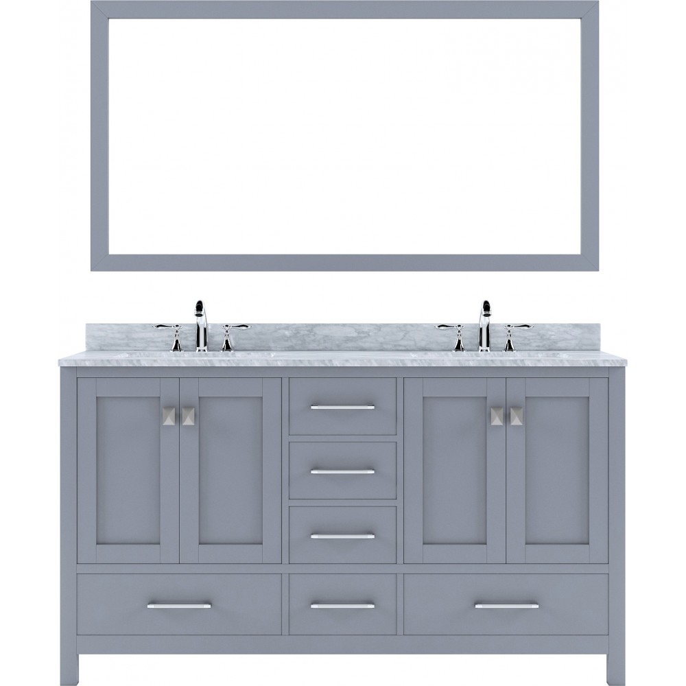 Caroline Avenue 60" Double Bath Vanity in Gray with White Marble Top and Round Sinks with Brushed Nickel Faucets and Mirror