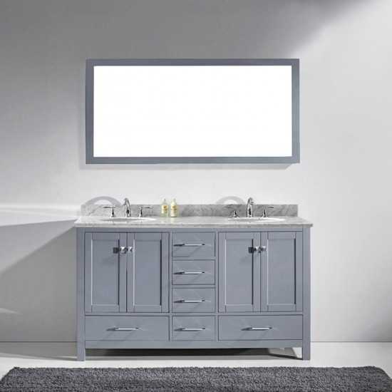 Caroline Avenue 60" Double Bath Vanity in Gray with White Marble Top and Round Sinks with Brushed Nickel Faucets and Mirror