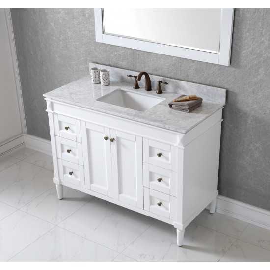 Tiffany 48" Single Bath Vanity in White with White Marble Top and Square Sink and Matching Mirror