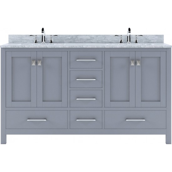 Caroline Avenue 60" Double Bath Vanity in Gray with White Marble Top and Round Sinks