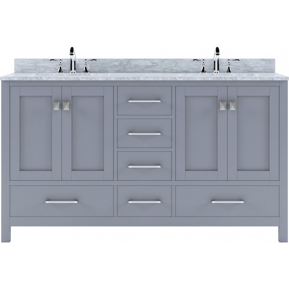 Caroline Avenue 60" Double Bath Vanity in Gray with White Marble Top and Round Sinks