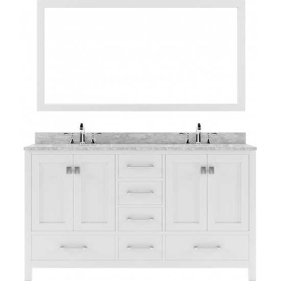 Caroline Avenue 60" Double Bath Vanity in White with White Marble Top and Round Sinks and Matching Mirror