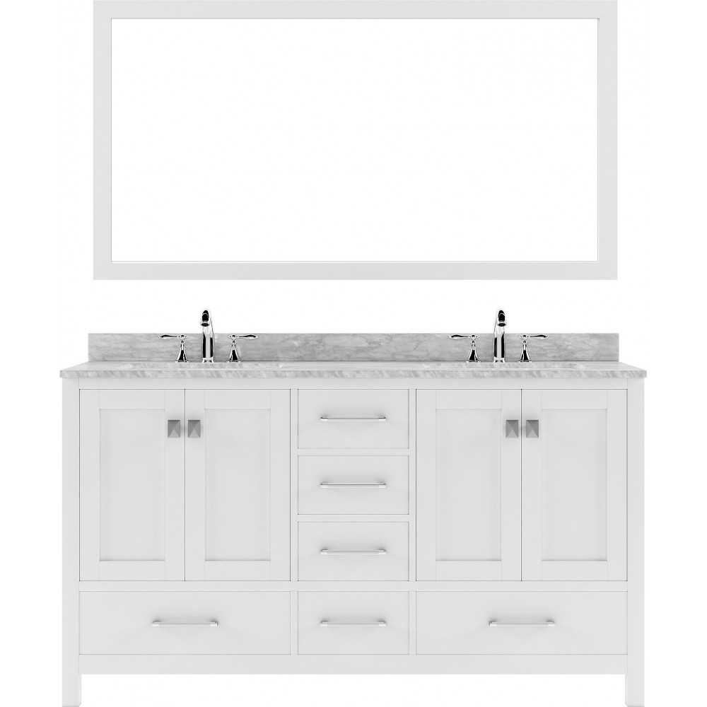 Caroline Avenue 60" Double Bath Vanity in White with White Marble Top and Round Sinks and Matching Mirror