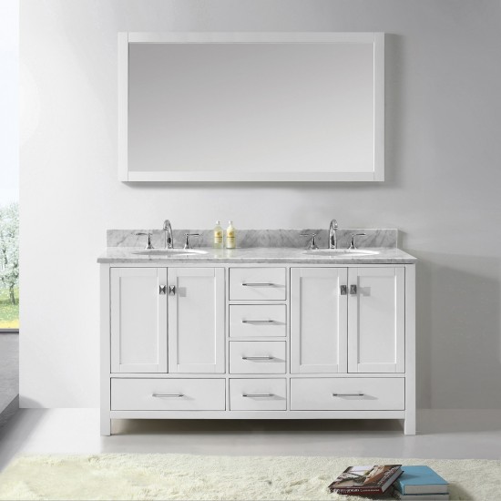 Caroline Avenue 60" Double Bath Vanity in White with White Marble Top and Round Sinks with Brushed Nickel Faucets and Mirror