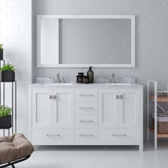 Caroline Avenue 60" Double Bath Vanity in White with White Marble Top and Round Sinks with Brushed Nickel Faucets and Mirror