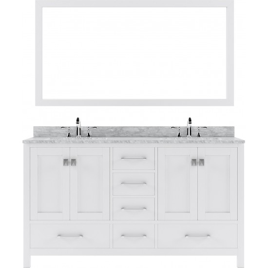 Caroline Avenue 60" Double Bath Vanity in White with White Marble Top and Round Sinks with Polished Chrome Faucets and Mirror