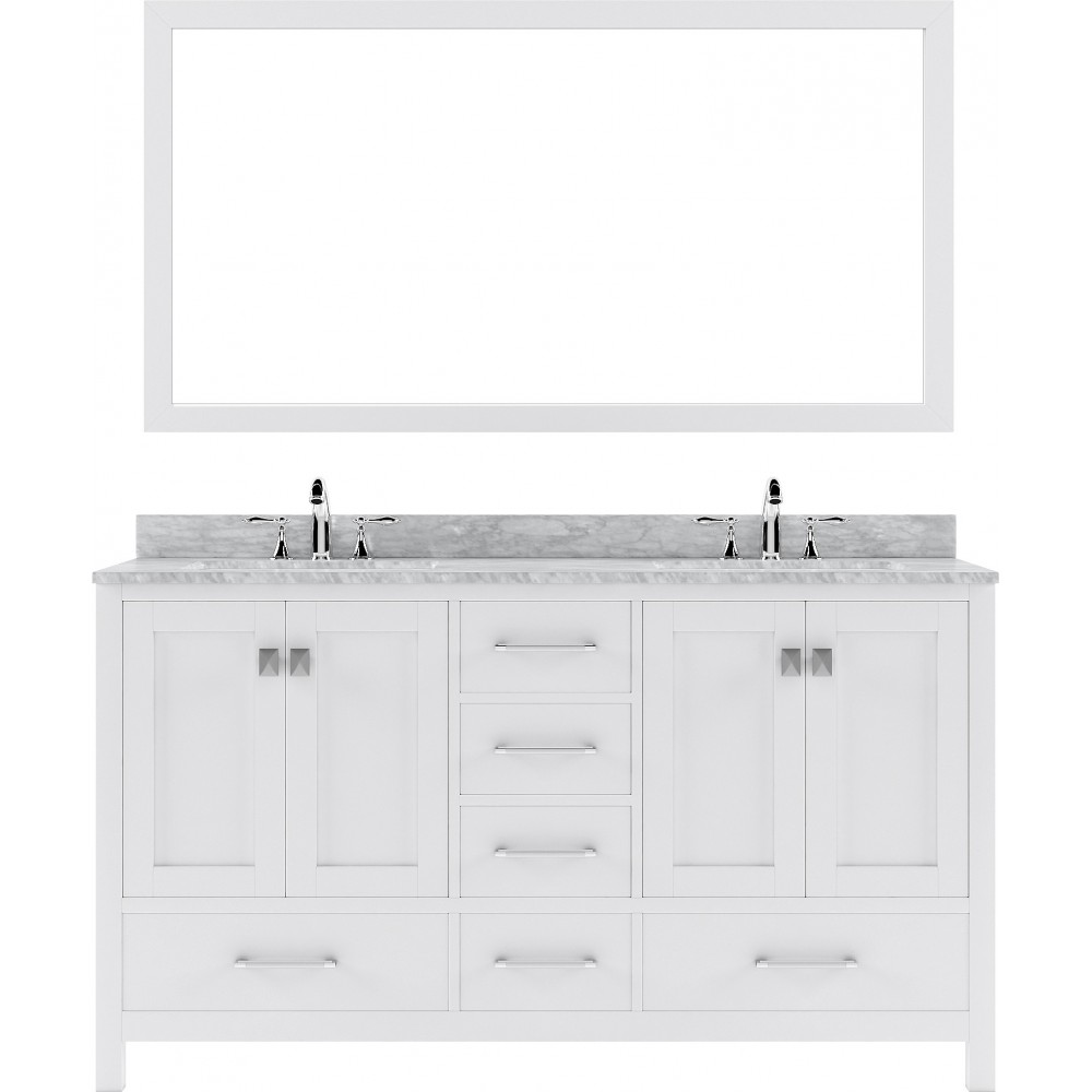 Caroline Avenue 60" Double Bath Vanity in White with White Marble Top and Round Sinks with Polished Chrome Faucets and Mirror