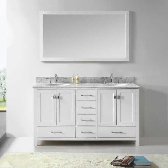 Caroline Avenue 60" Double Bath Vanity in White with White Marble Top and Round Sinks with Polished Chrome Faucets and Mirror
