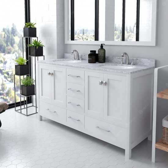 Caroline Avenue 60" Double Bath Vanity in White with White Marble Top and Round Sinks with Polished Chrome Faucets and Mirror