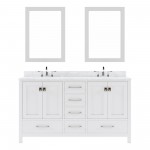 Caroline Avenue 60" Double Bath Vanity in White with White Marble Top and Round Sinks and Matching Mirror